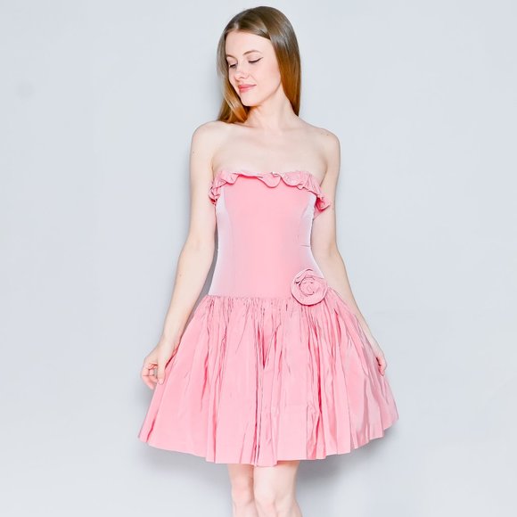 582. VINTAGE Béatrice Bécard RARE Pink Fit Corset Bodice Rose Full Mini Dress XS - Picture 1 of 8